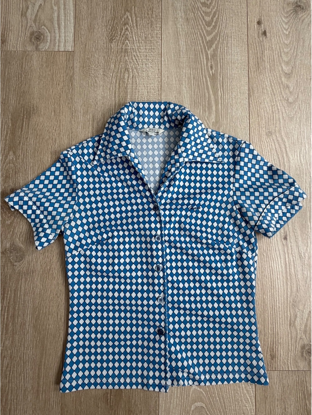Vintage Guess U.S.A. Blue and White Geometric Short Sleeve Button Front Size S